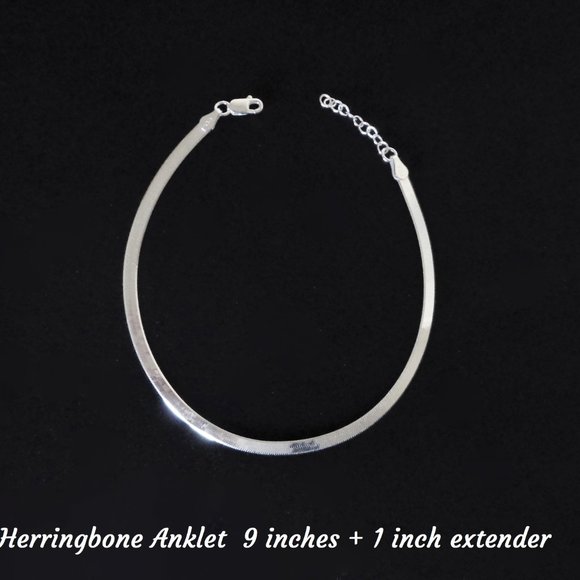 925 Sterling Silver Herringbone Ankle Bracelet Real SOLID Silver Anklet - Picture 1 of 5